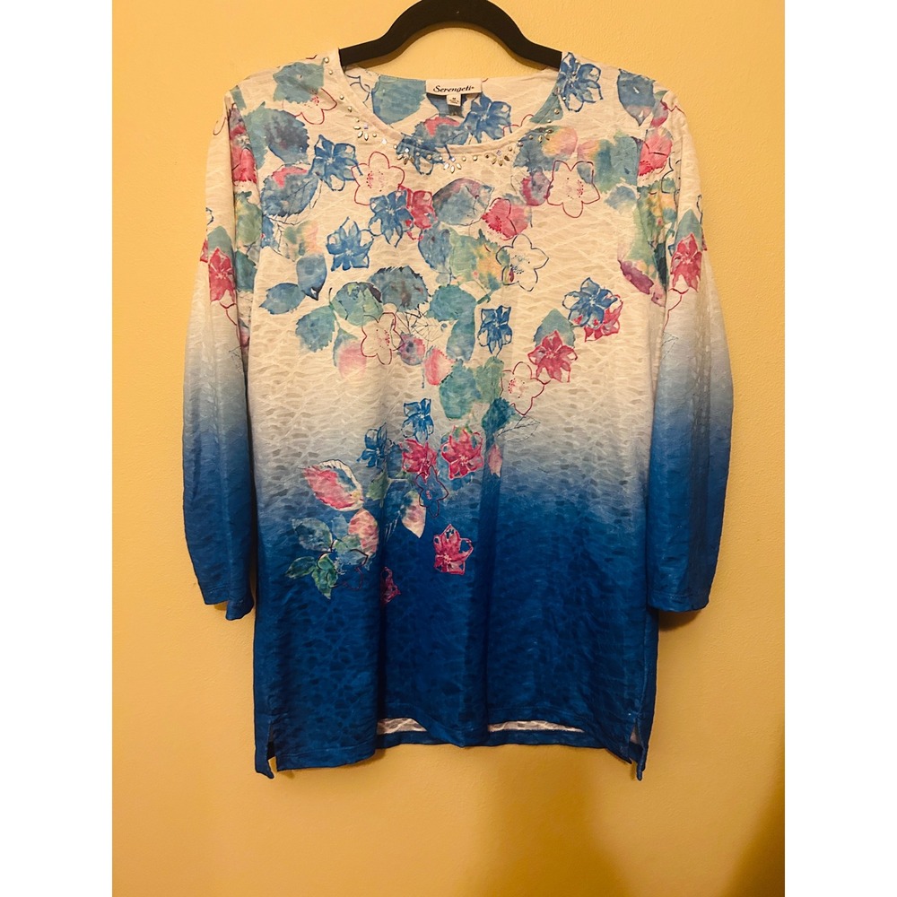 Serengeti Floral Ombre Tunic Top Women Medium Blue White Excellent Rhinestone
